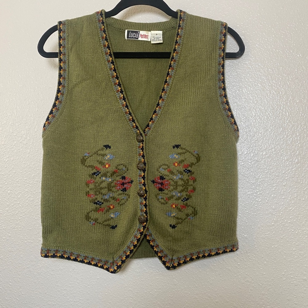 Vintage Green Knit Vest Small Embroidered Autumn Fall Cottagecore Goblincore